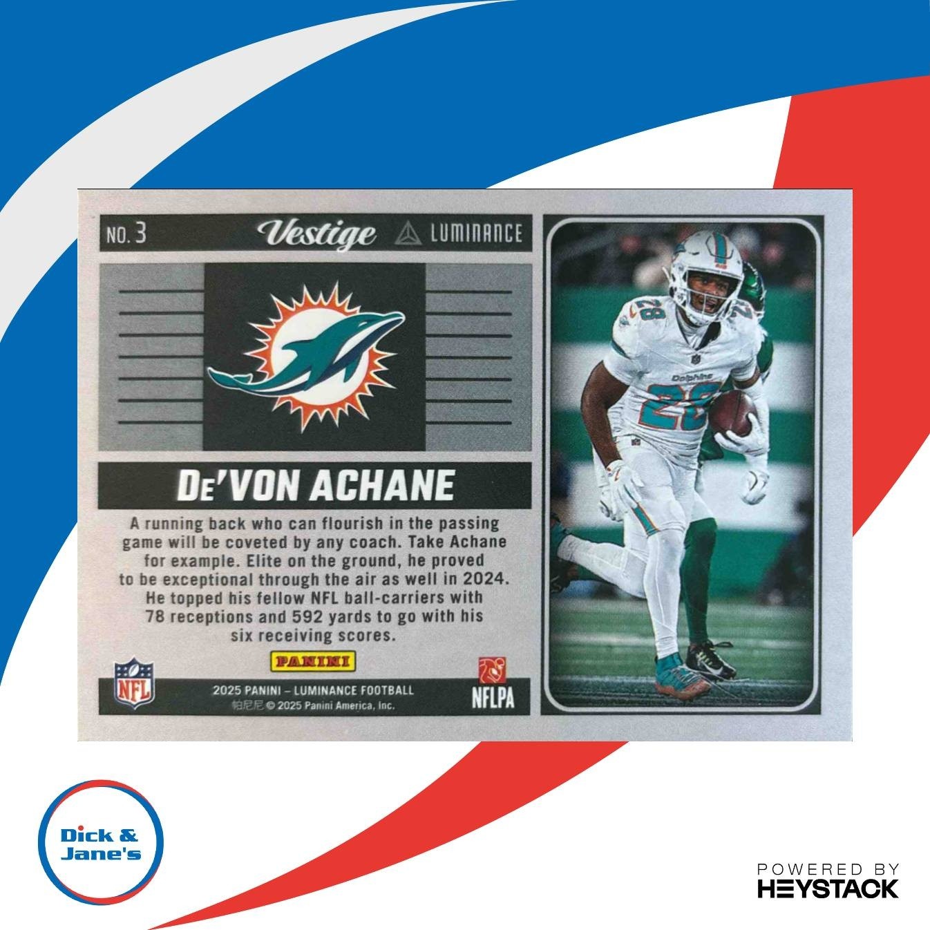 2025 Panini Luminance De’Von Achane Vestige #3 Miami Dolphins - Sports Cards