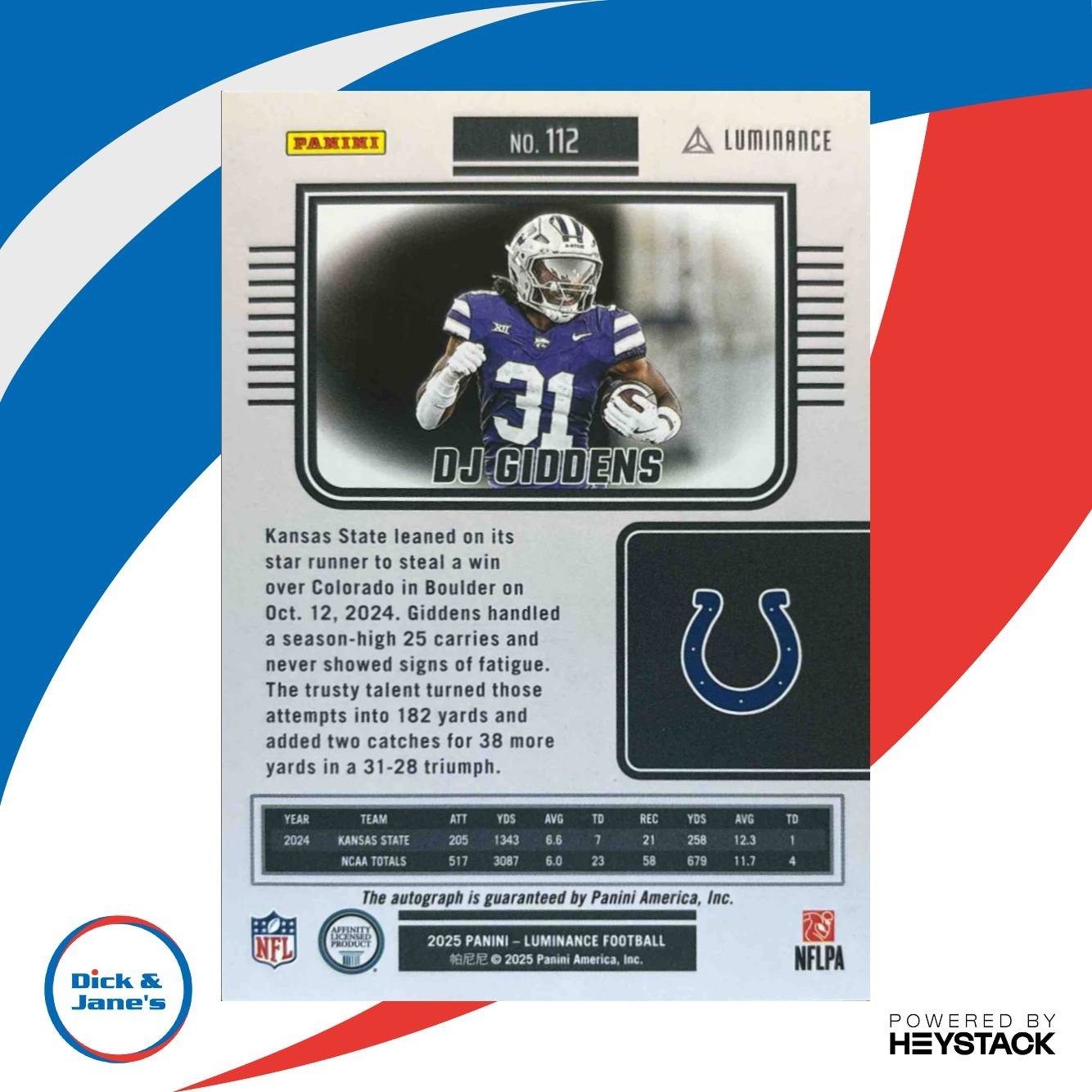 2025 Panini Luminance DJ Giddens Auto /700 #112 RC Indianapolis Colts - Sports Cards