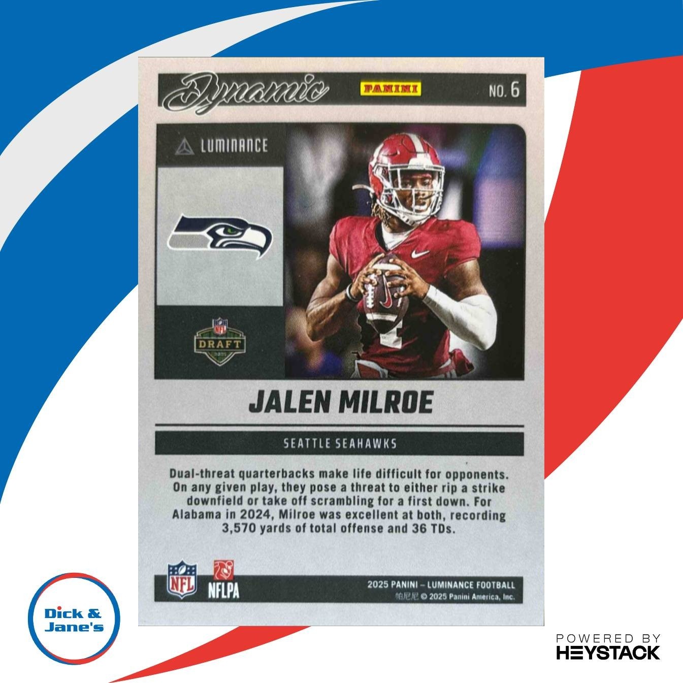 2025 Panini Luminance Jalen Milroe Dynamic Rookies #6 Seattle Seahawks - Sports Cards