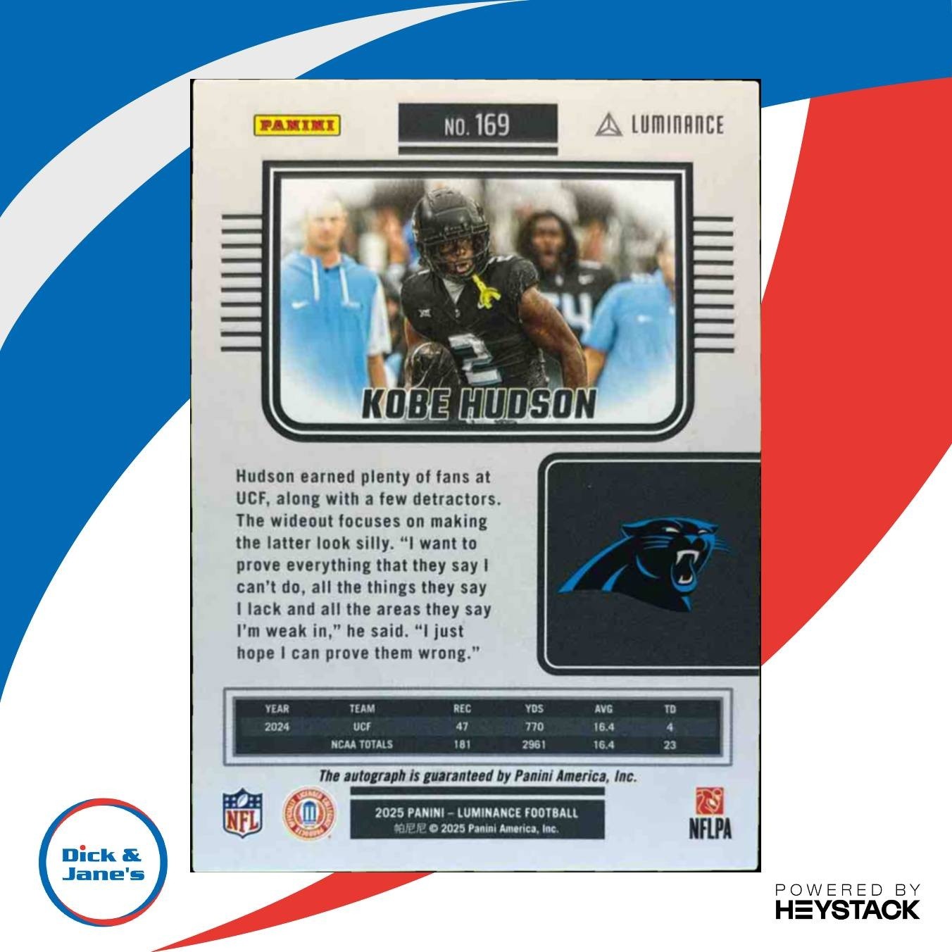 2025 Panini Luminance Kobe Hudson Auto /700 #169 RC Carolina Panthers - Sports Cards