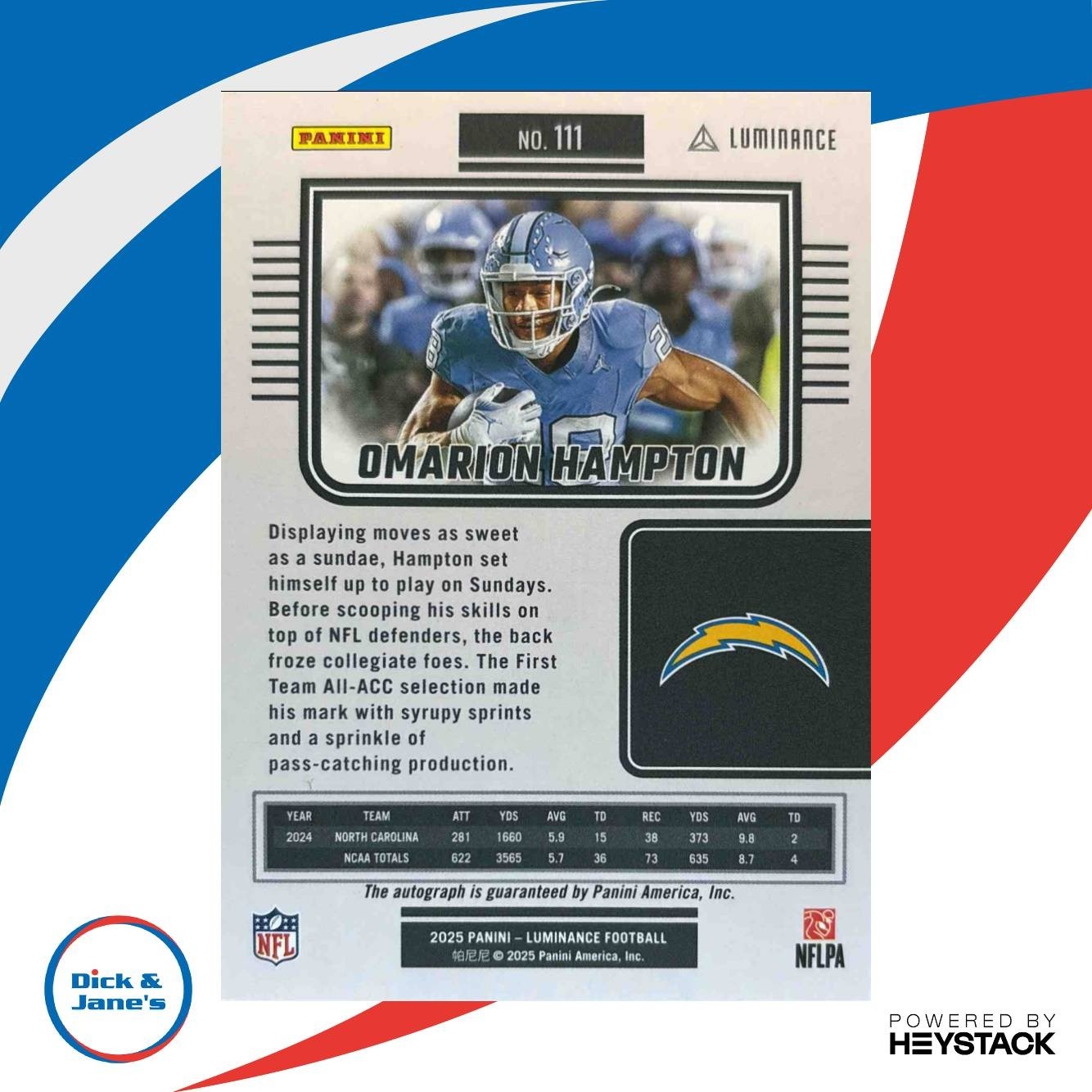 2025 Panini Luminance Omarion Hampton Auto Green /25 RC Los Angeles Chargers - Sports Cards