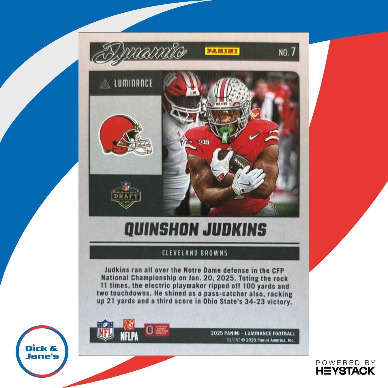 2025 Panini Luminance Quinshon Judkins Dynamic Rookies #7 Cleveland Browns - Sports Cards