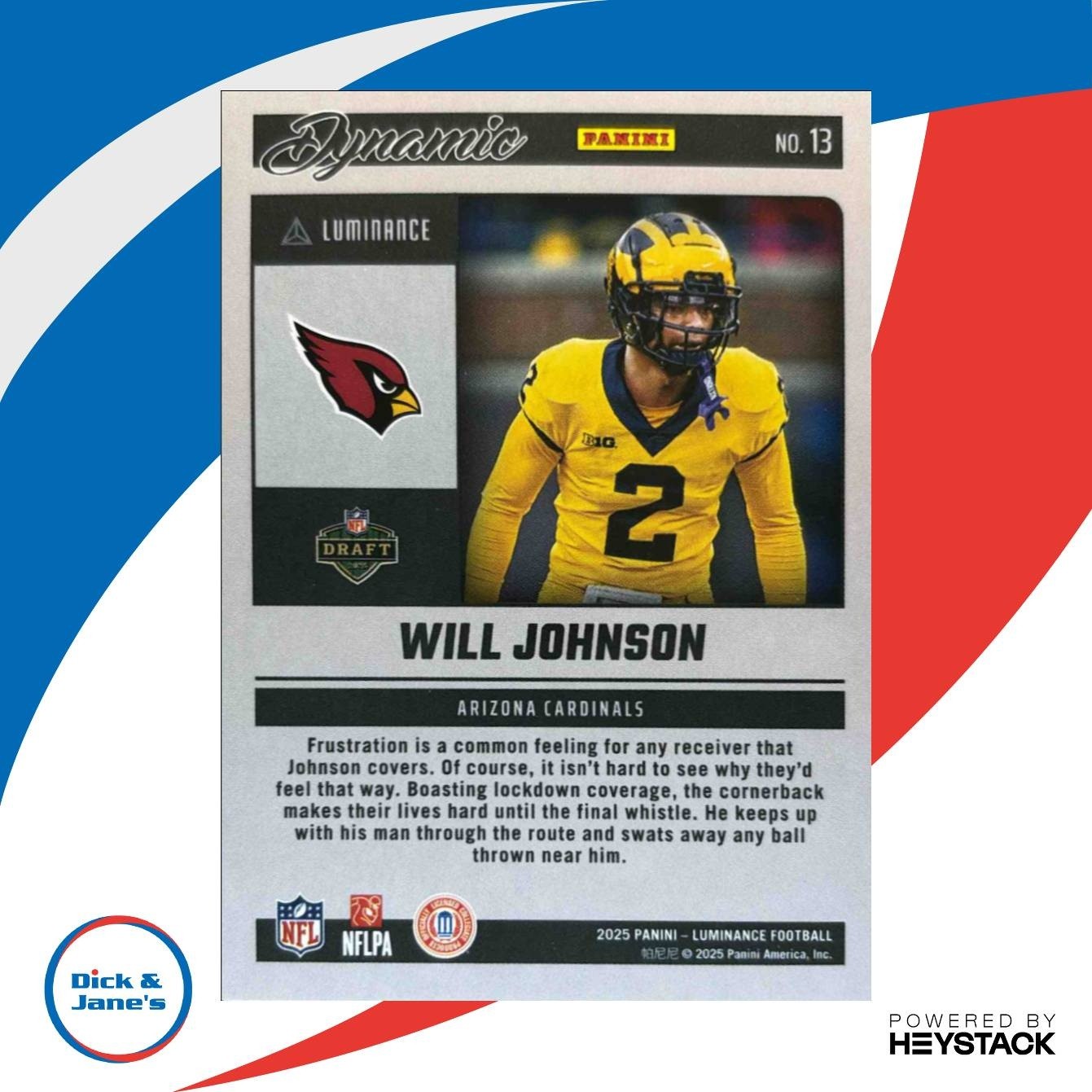2025 Panini Luminance Will Johnson Dynamic Rookies #13 Arizona Cardinals - Sports Cards