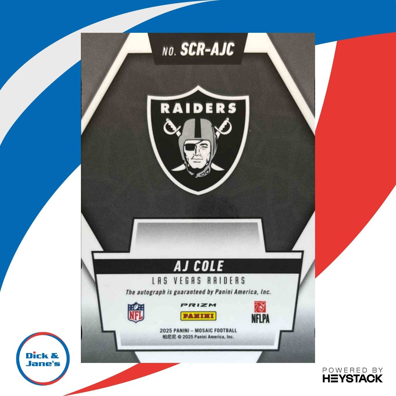 2025 Panini Mosaic AJ Cole Scripts #19 Auto Las Vegas Raiders - Sports Cards