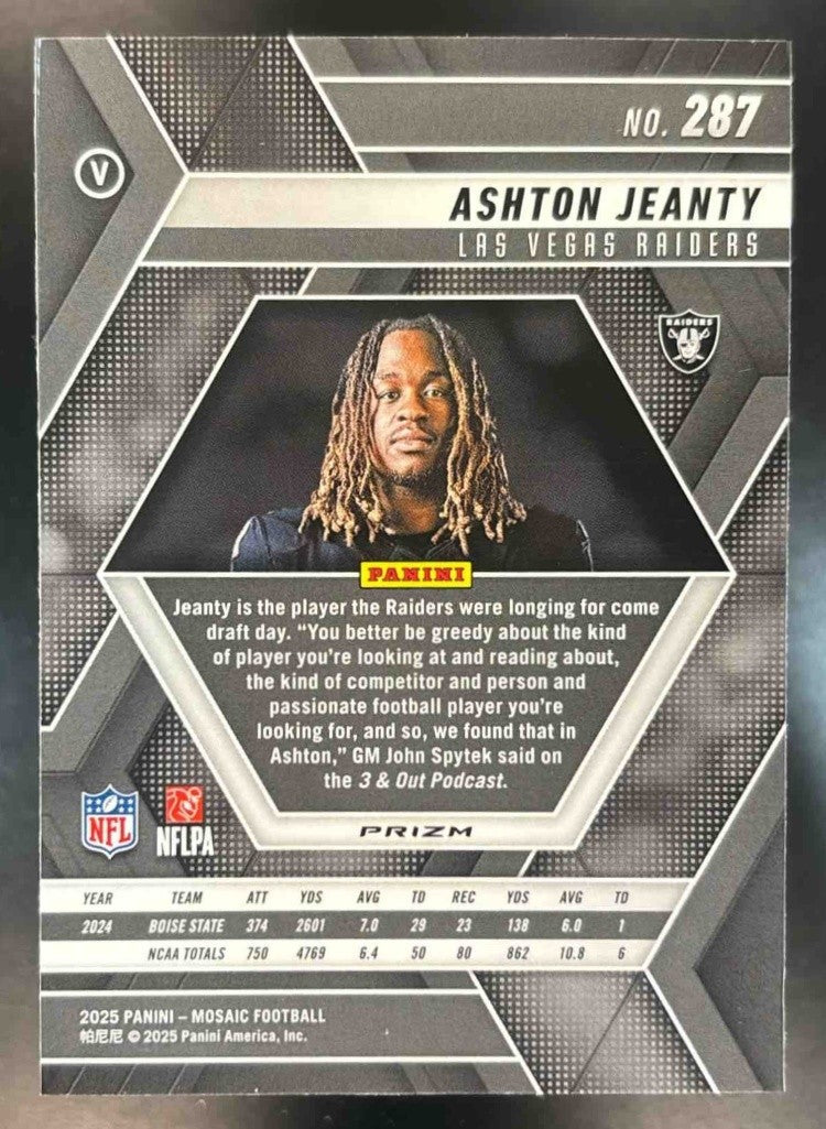 2025 Panini Mosaic Ashton Jeanty Rookie Variation Purple Scope #287 RC Raiders - Sports Cards