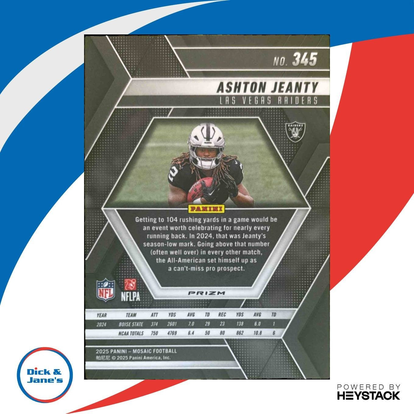 2025 Panini Mosaic Ashton Jeanty Rookies Red and White Stripe #345 RC Raiders - Sports Cards