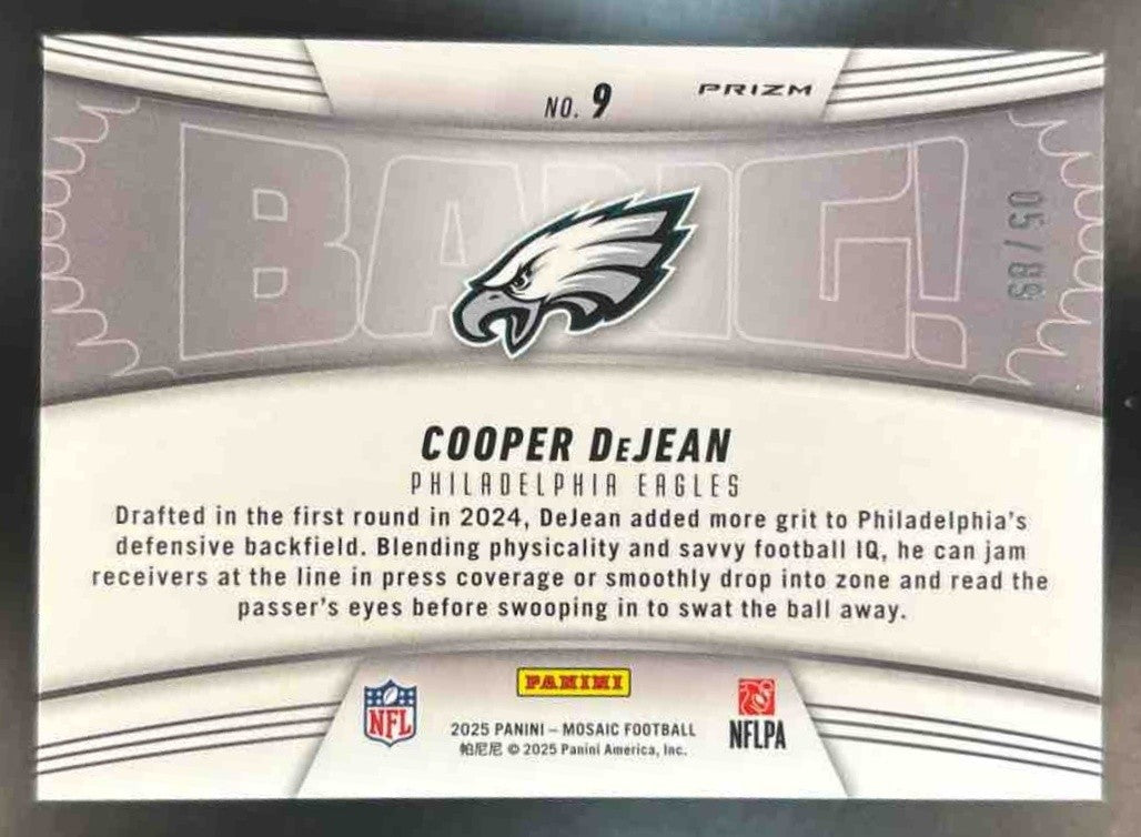 2025 Panini Mosaic Cooper DeJean Bang! Reactive Yellow /89 #9 Philadelphia Eagle - Sports Cards