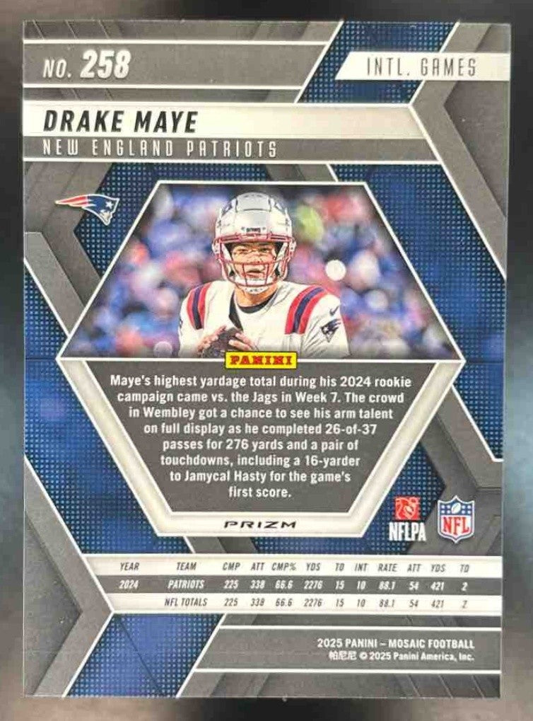 2025 Panini Mosaic Drake Maye International Games Blue Scope Prizm #258 Patriots - Sports Cards