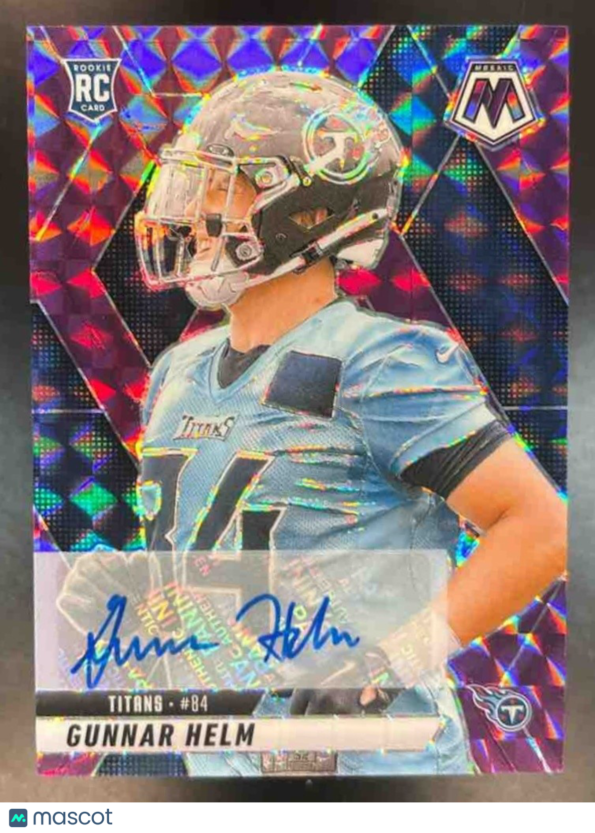 2025 Panini Mosaic Gunnar Helm Auto Purple Prizm /49 #394 RC Tennessee Titans - Sports Cards
