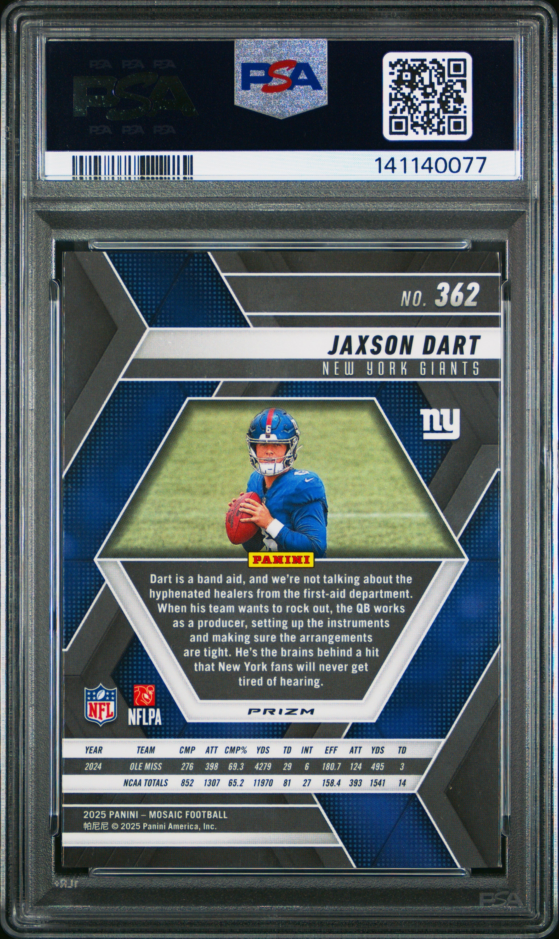 2025 Panini Mosaic Jaxson Dart Silver Holo #362 PSA 10 GEM MINT New York Giants - Graded Sports Cards