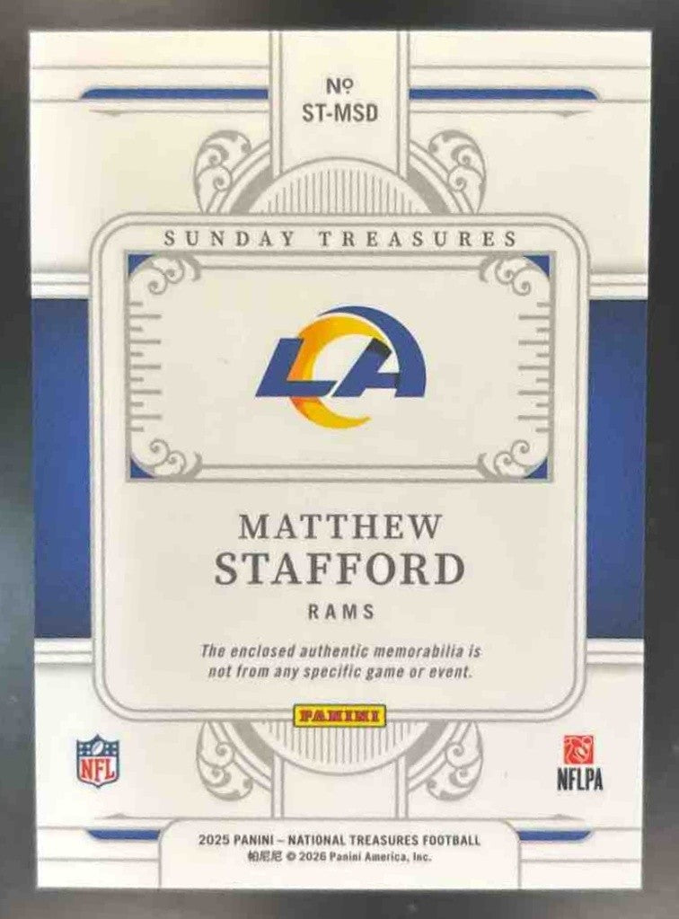 2025 Panini National Treasures Matthew Stafford Sunday /99 MEM Los Angeles Rams - Sports Cards