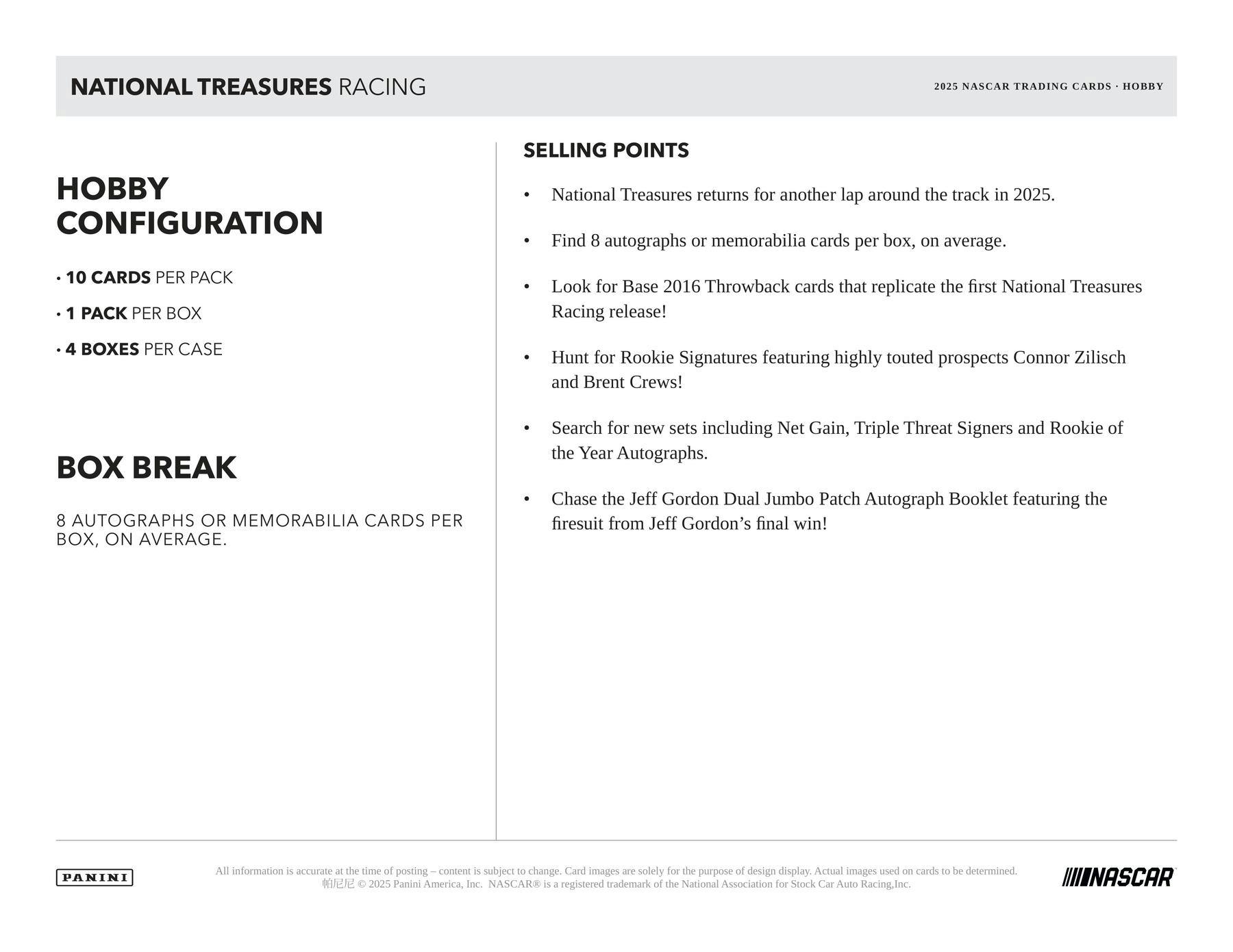2025 Panini National Treasures Racing Hobby Box (8 Autos or Mems / Box) NASCAR - Sports Collectibles