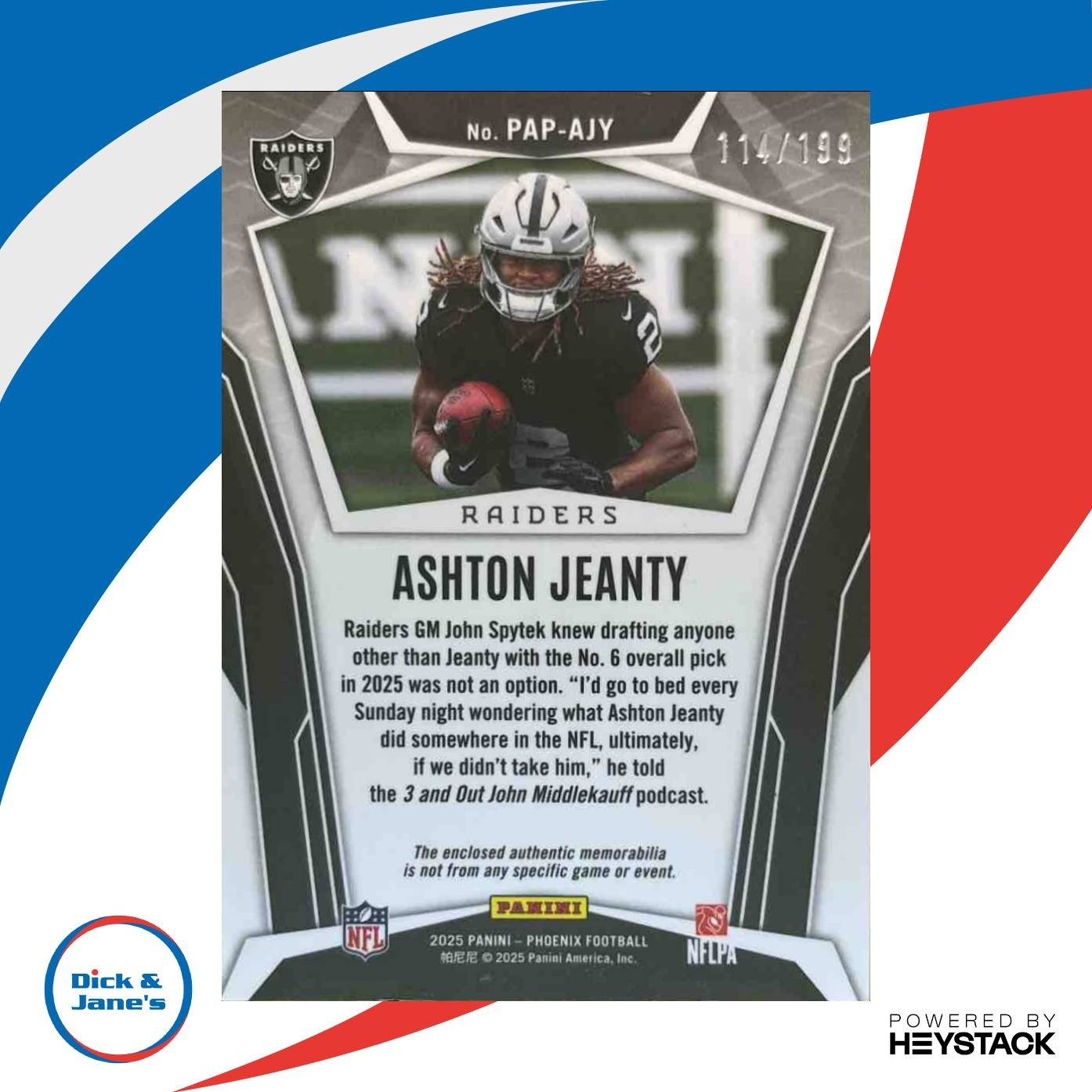2025 Panini Phoenix Ashton Jeanty Pandora Patch Blue /199 #12 MEM RC Raiders - Sports Cards
