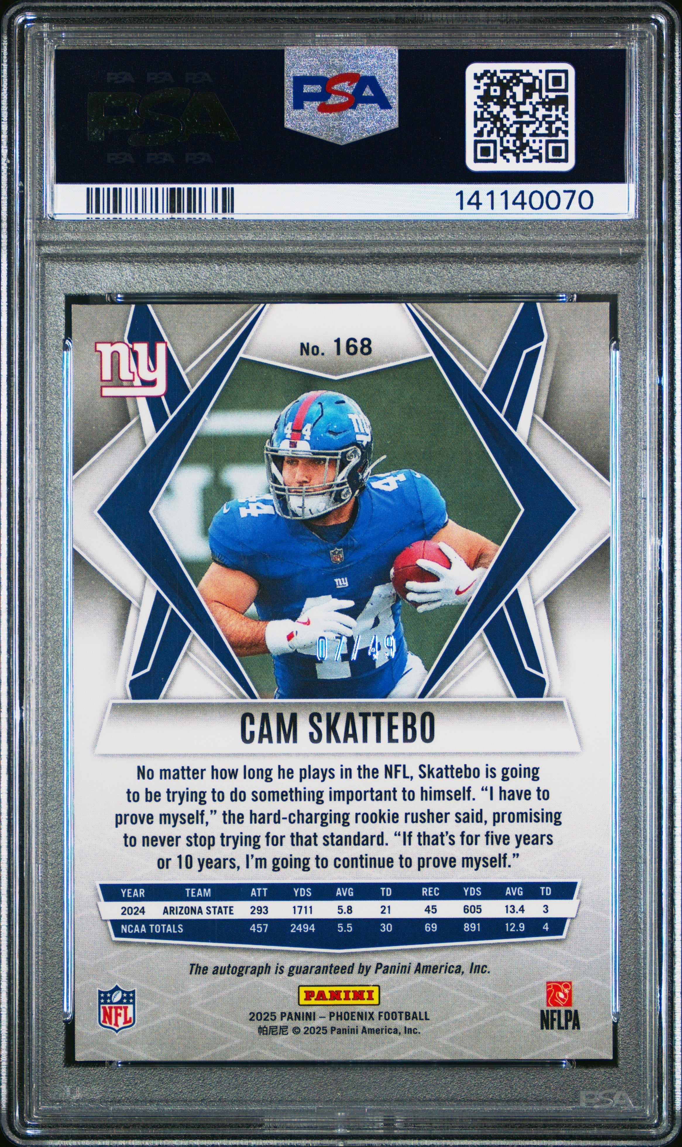 2025 Panini Phoenix Cam Skattebo Autograph Blue 07/49 Rookie #168 PSA 8 - Graded Sports Cards