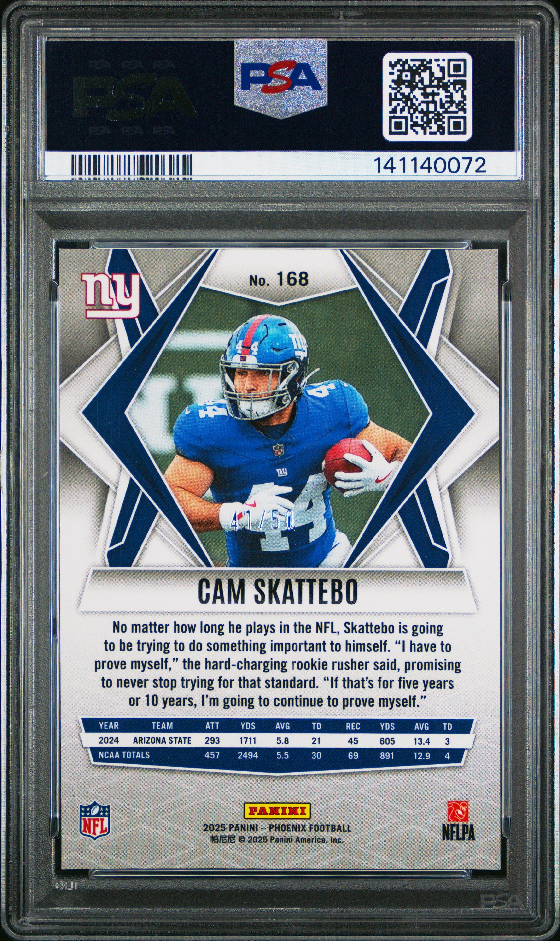 2025 Panini Phoenix Cam Skattebo Blue 41/50 Rookie #168 PSA 9 New York Giants - Graded Sports Cards