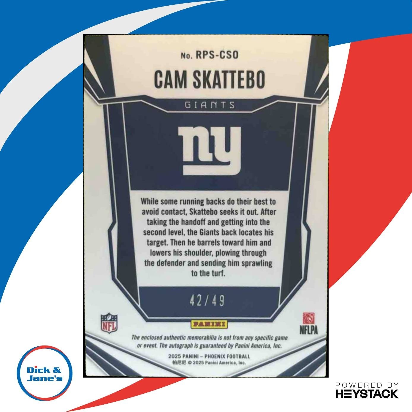 2025 Panini Phoenix Cam Skattebo Rookie Patch Auto Blue /49 MEM RC Giants TANKKK - Sports Cards