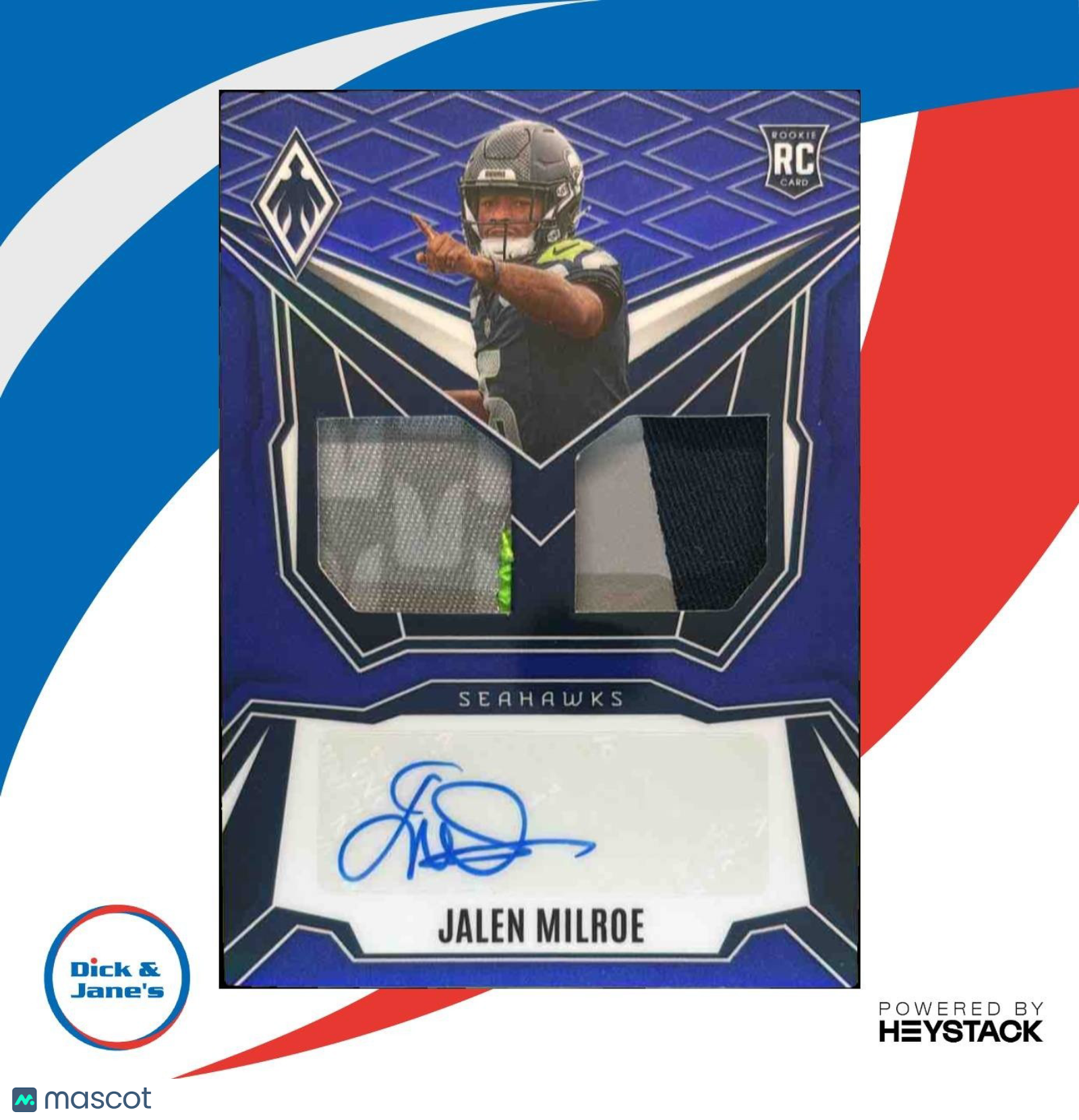 2025 Panini Phoenix Jalen Milroe RPS Dual Rookie Patch Auto Blue /49 RC Seahawks - Sports Cards