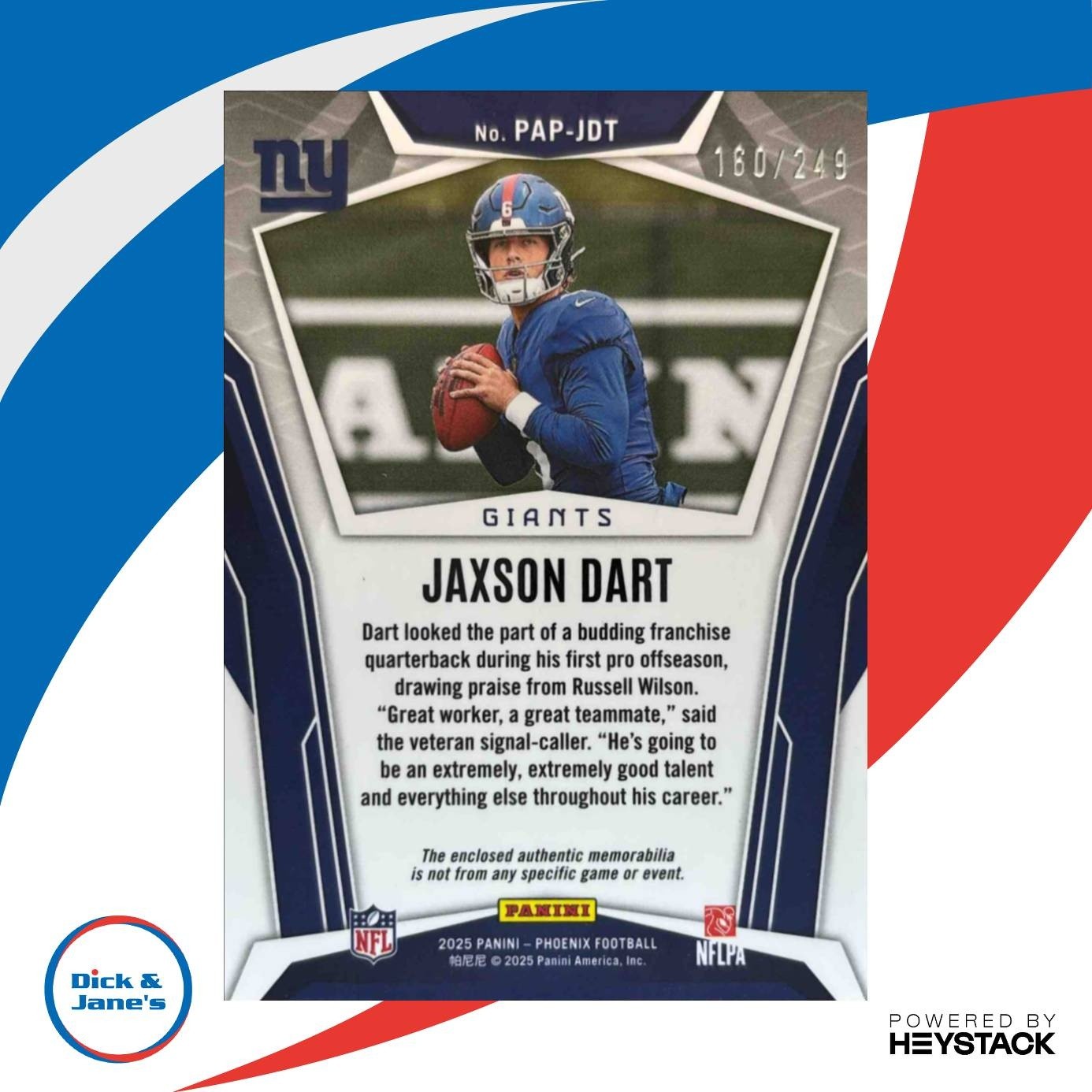 2025 Panini Phoenix Jaxson Dart Red PATCH BIGGG /249 #16 MEM RC New York Giants - Sports Cards