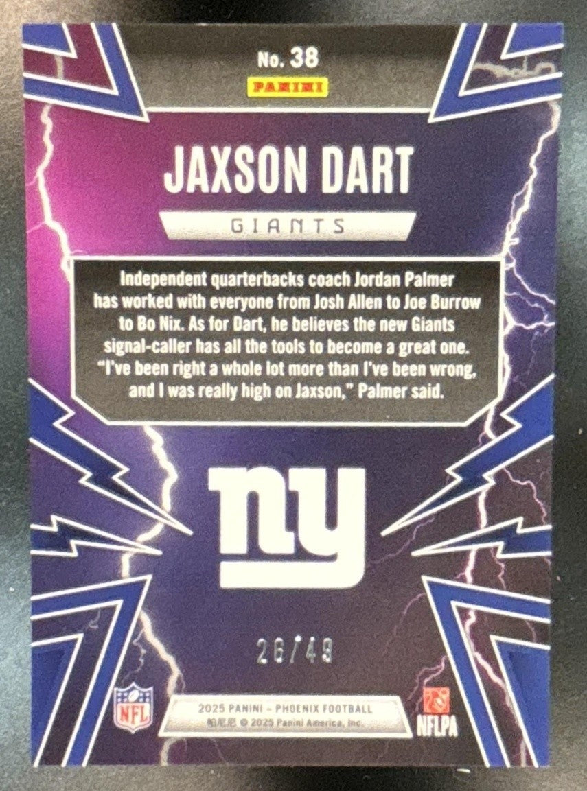 2025 Panini Phoenix Jaxson Dart Thunderbirds Green Lazer /49 RC New York Giants - Sports Cards