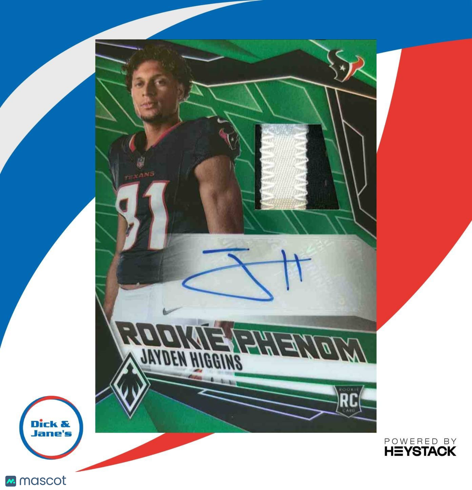 2025 Panini Phoenix Jayden Higgins Rookie Phenoms Jersey Auto Green /25 Texans - Sports Cards