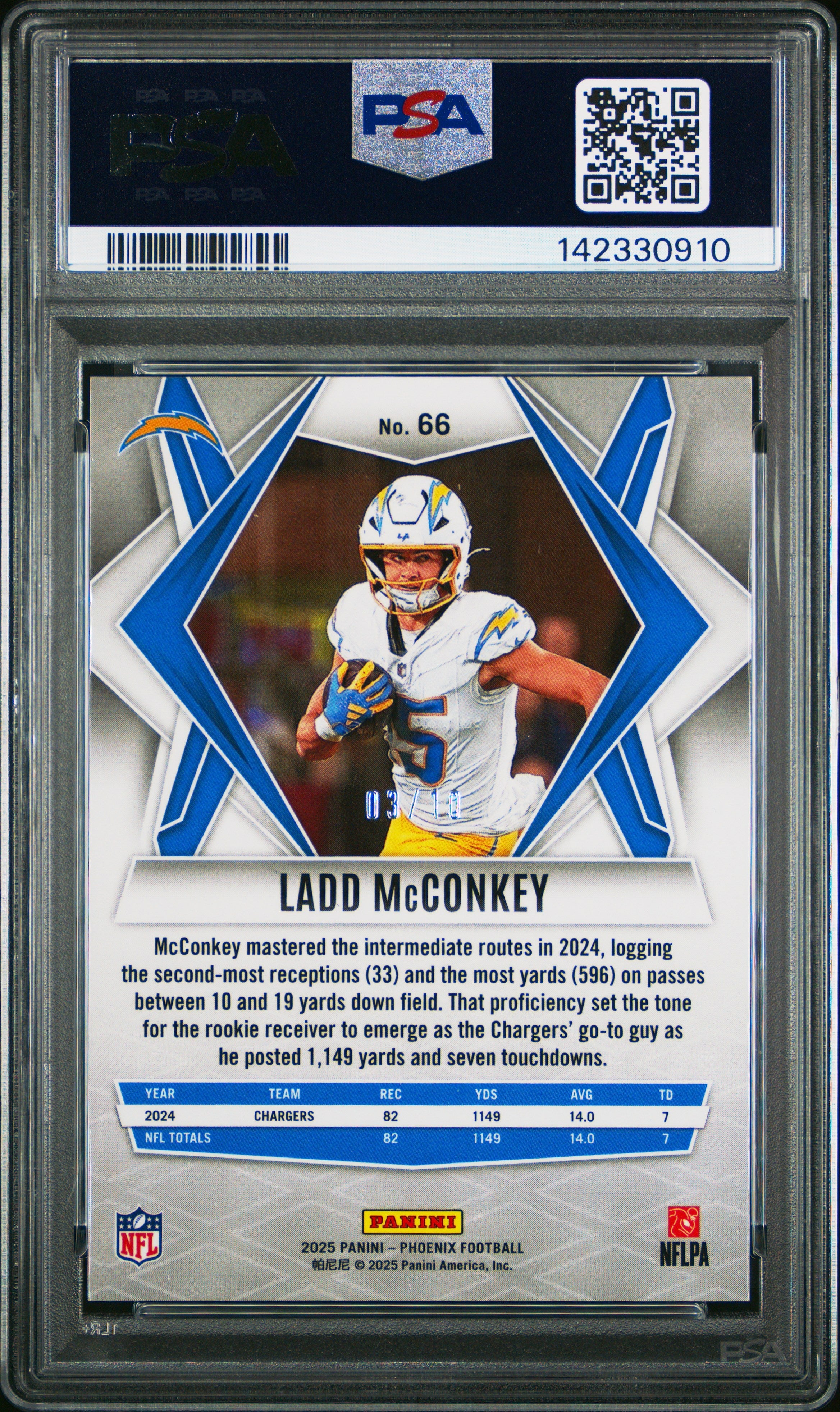 2025 Panini Phoenix Ladd Mcconkey Gold Seismic 3/10 #66 PSA 10 GEM MINT Chargers - Graded Sports Cards