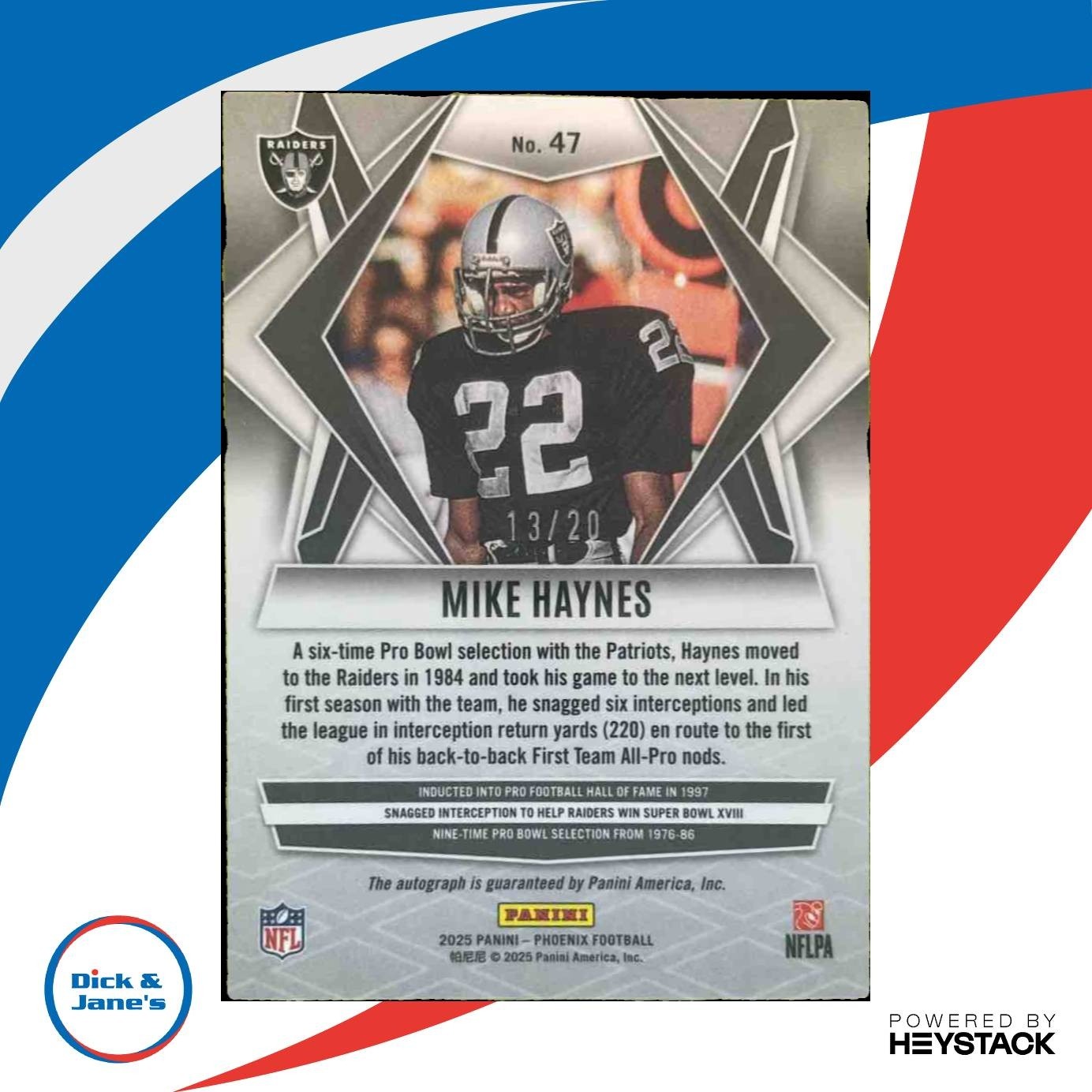 2025 Panini Phoenix Mike Haynes Auto Seismic /20 Los Angeles Raiders - Sports Cards