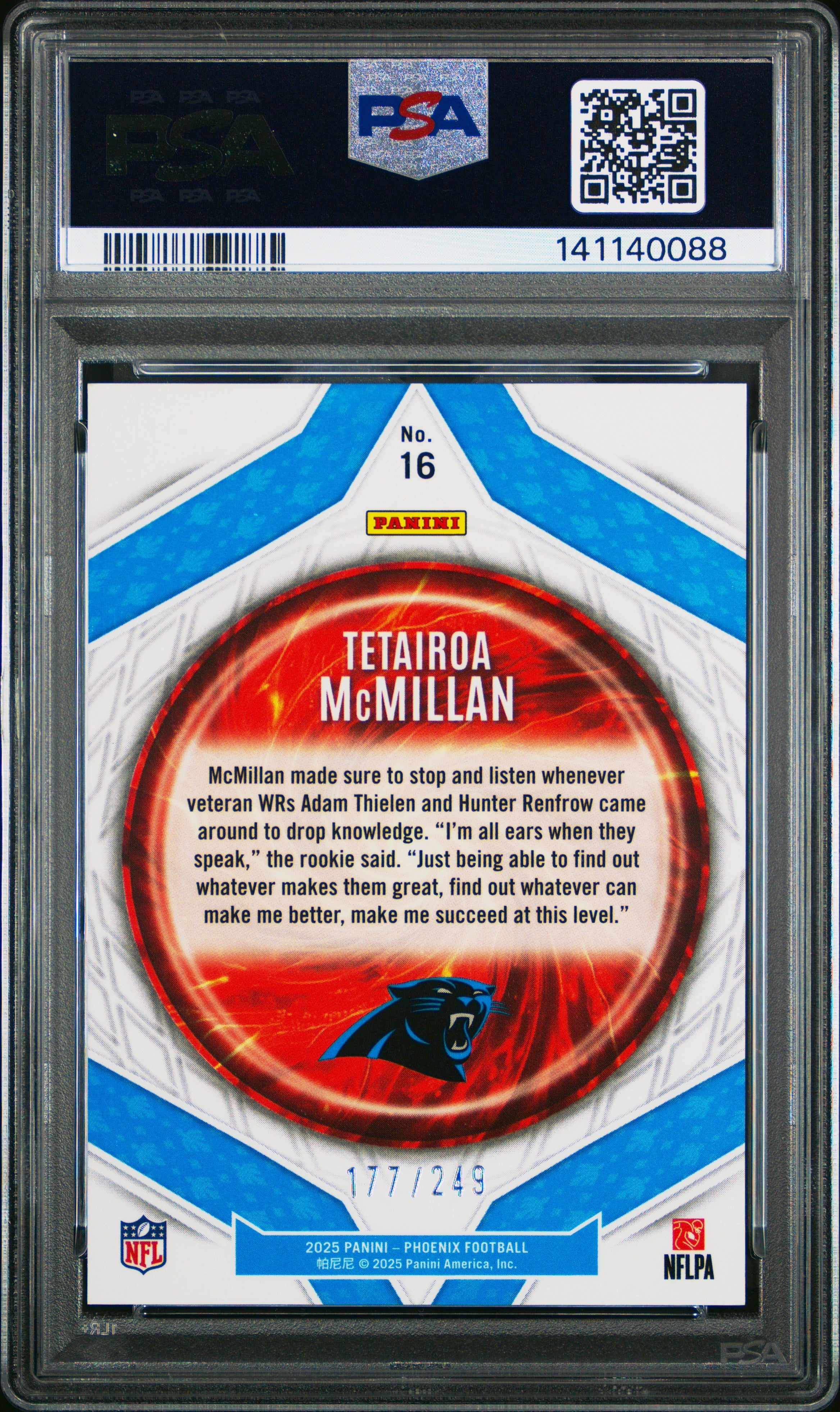 2025 Panini Phoenix Paragon Tetairoa Mcmillan Red 177/249 Rookie #16 PSA 9 - Graded Sports Cards
