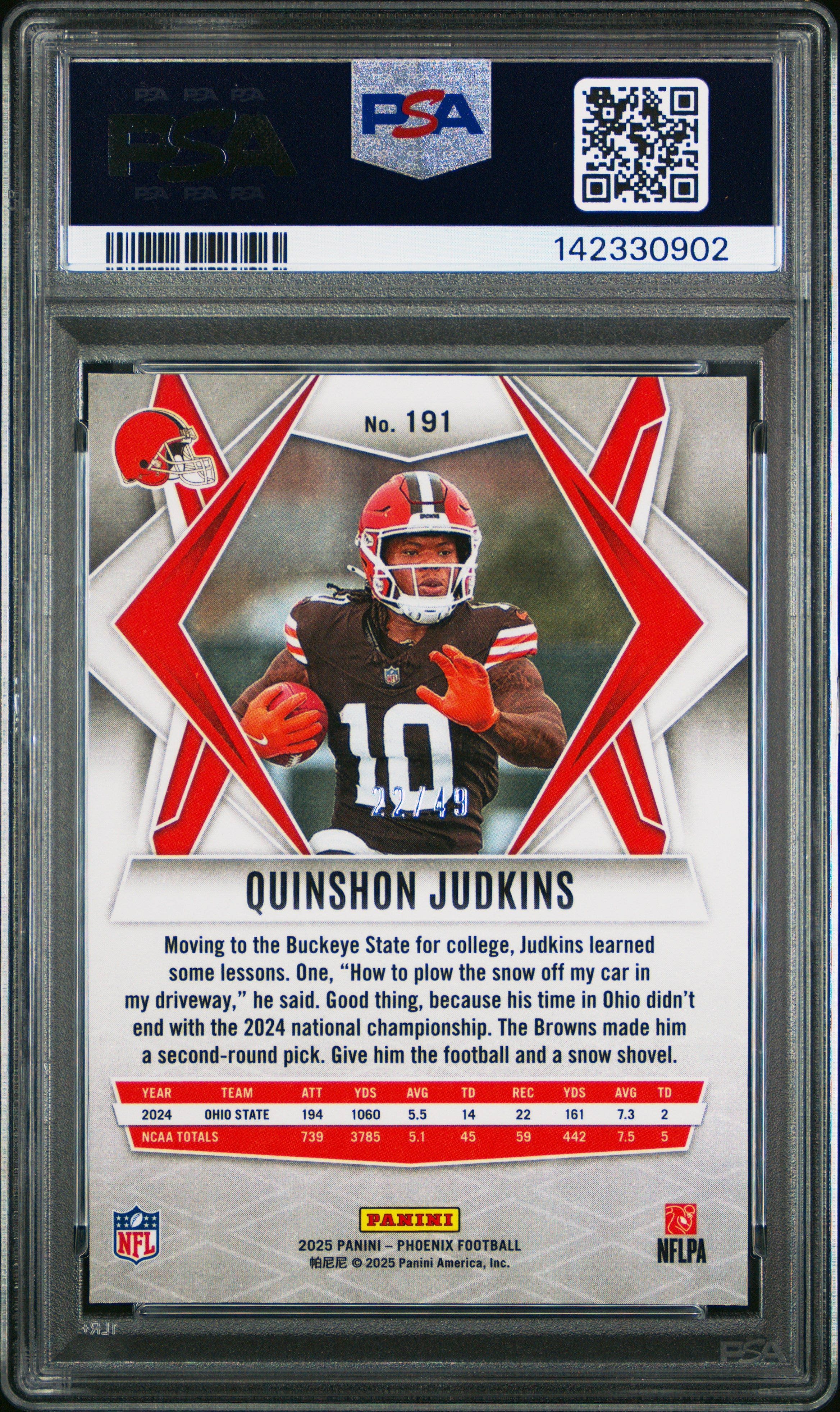 2025 Panini Phoenix Quinshon Judkins Purple Seismic /49 Rookie PSA 10 GEM MINT - Graded Sports Cards
