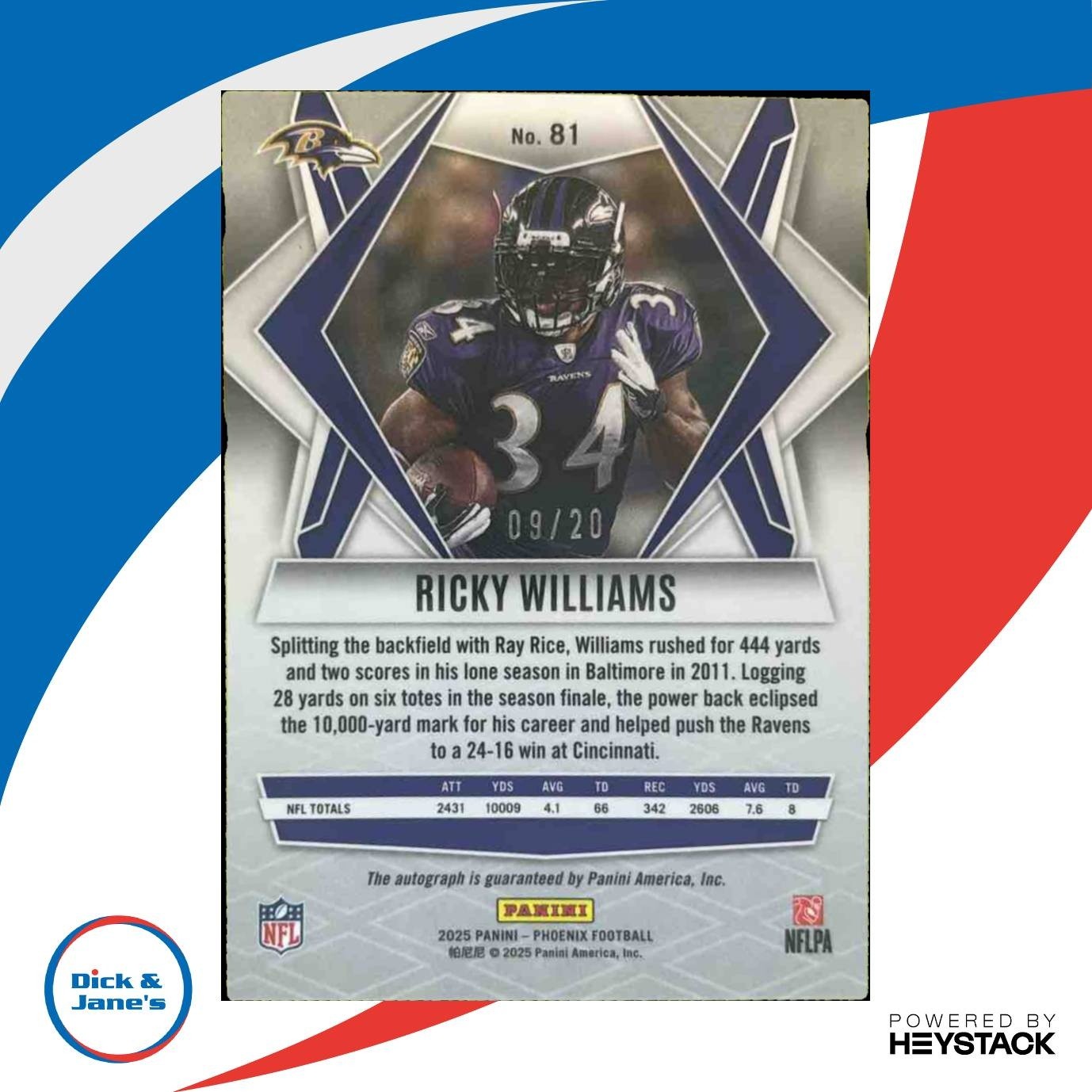 2025 Panini Phoenix Ricky Williams Auto Seismic /20 Baltimore Ravens - Sports Cards