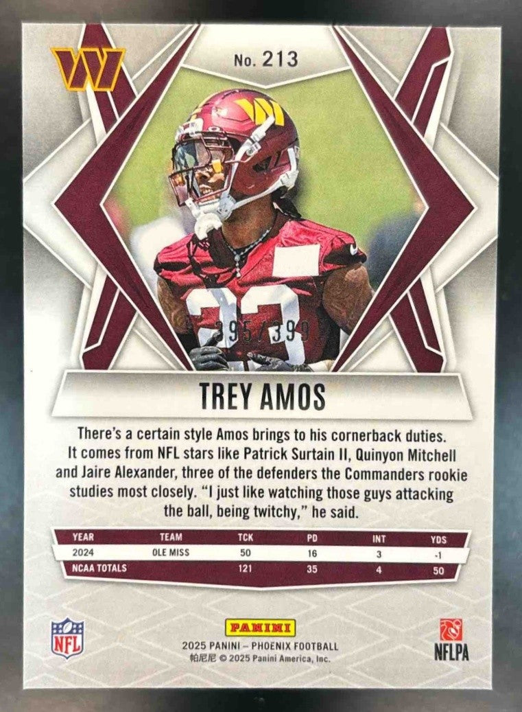 2025 Panini Phoenix Trey Amos Red Hyper /399 #213 RC Washington Commanders - Sports Cards