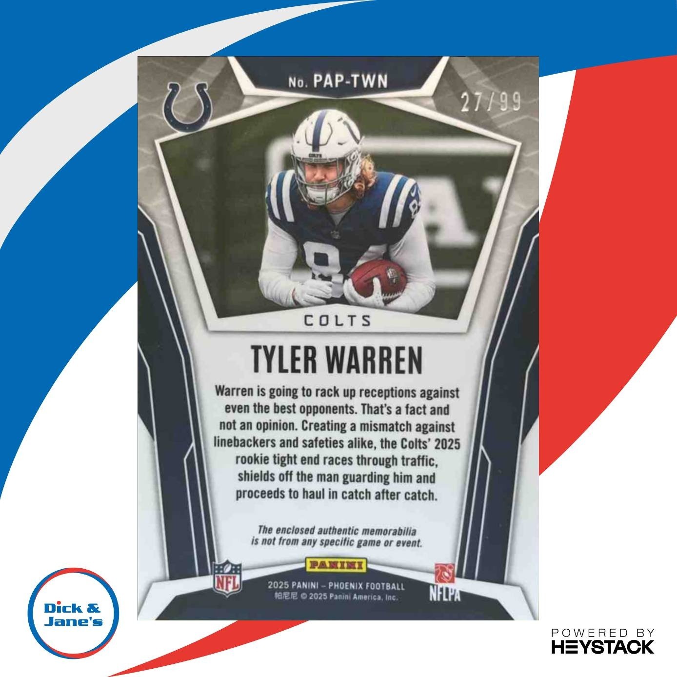 2025 Panini Phoenix Tyler Warren Rookie Jersey Green /99 #23 MEM RC Colts - Sports Cards