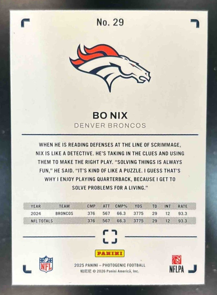 2025 Panini PhotoGenic Bo Nix Red /125 #29 Denver Broncos - Sports Cards