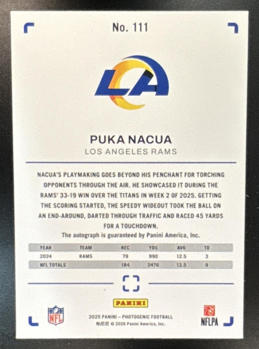2025 Panini PhotoGenic Puka Nacua Auto Horizontal Green 1/25 #111 Rams - Sports Cards