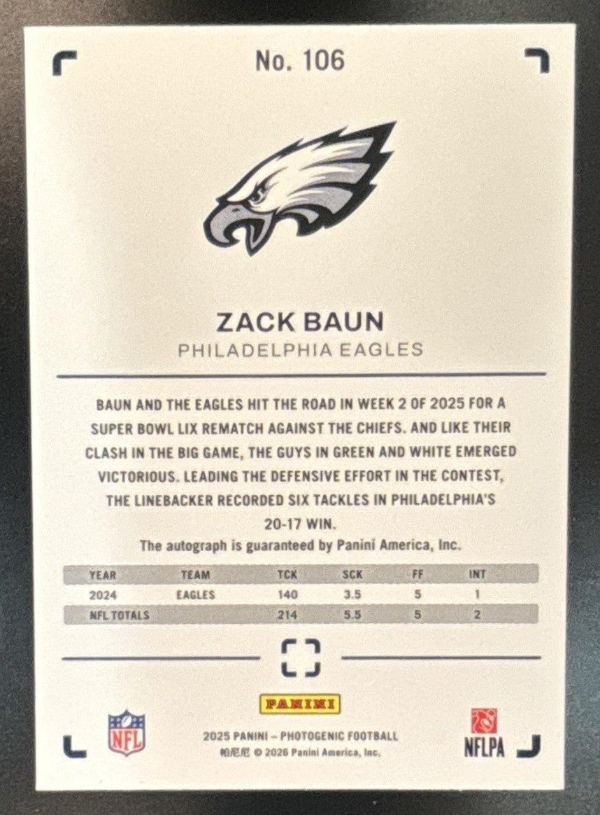 2025 Panini PhotoGenic Zack Baun Auto Horizontal Blue /49 #106 Eagles - Sports Cards