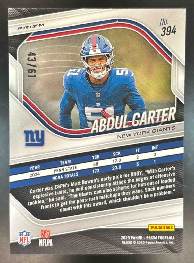 2025 Panini Prizm Abdul Carter Kangaroo Prizm /61 #394 RC New York Giants - Sports Cards