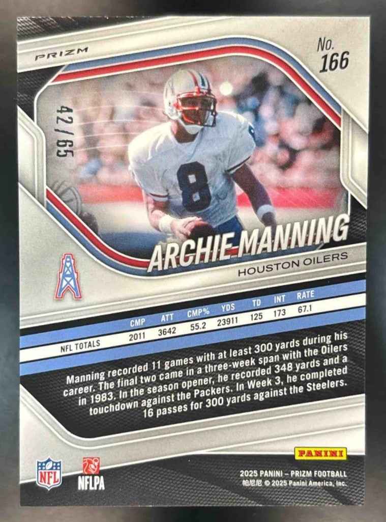 2025 Panini Prizm Archie Manning Orange Wave /65 #166 Houston Oilers - Sports Cards
