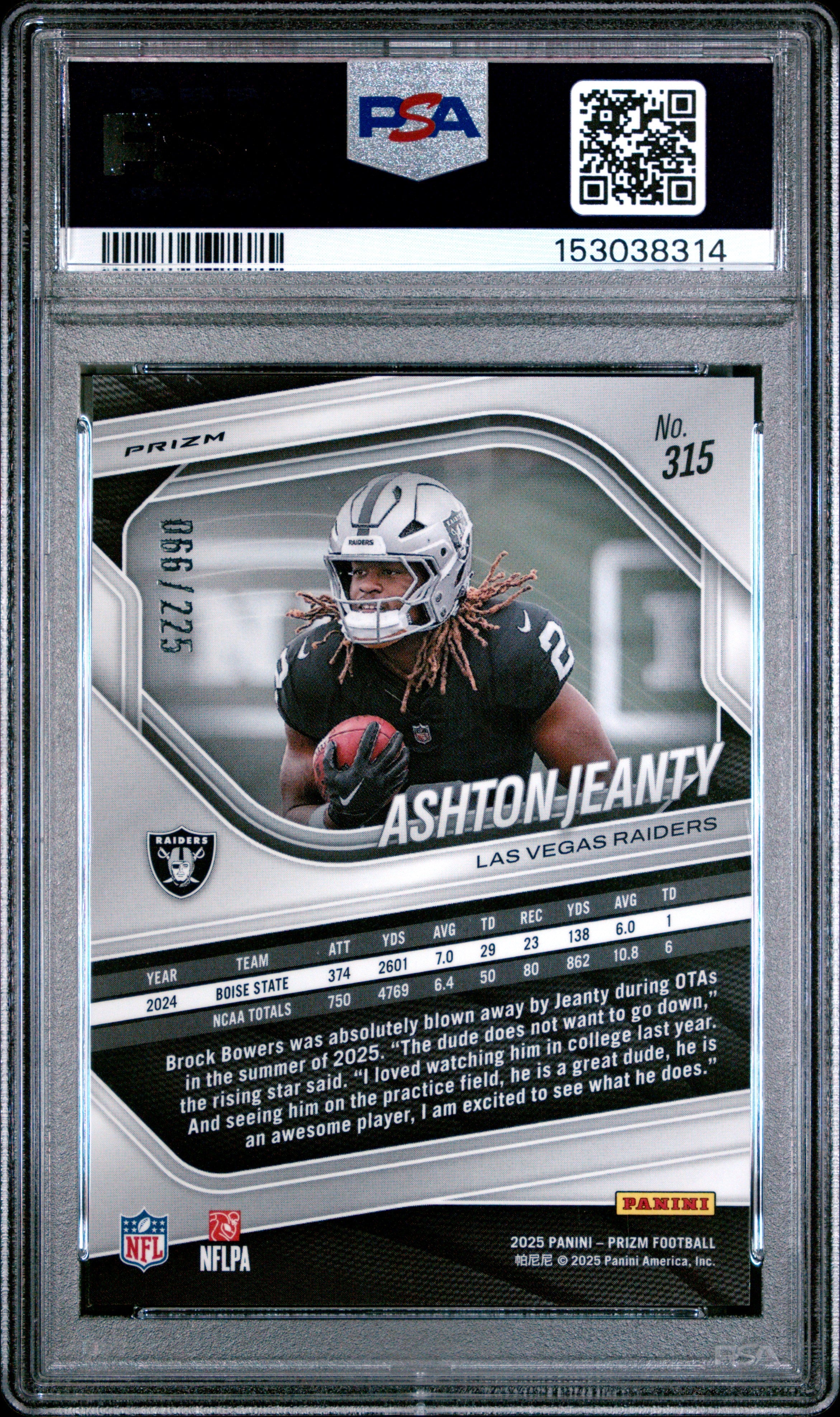 2025 Panini Prizm Ashton Jeanty Purple Ice #315 PSA 10 - Graded Sports Cards