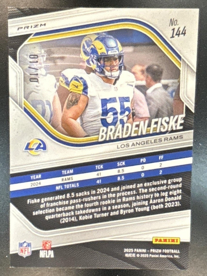 2025 Panini Prizm Braden Fiske Gold 1/10 #144 Los Angeles Rams - Sports Cards