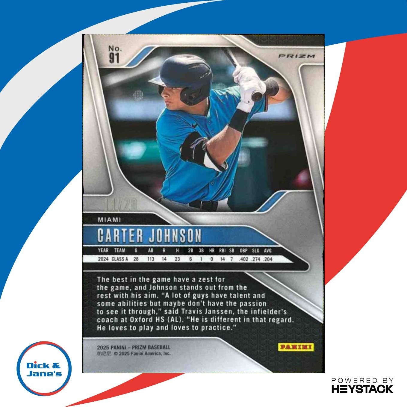 2025 Panini Prizm Carter Johnson Prizms Cherry Blossom 11/20 #91 Miami Marlins - Sports Cards