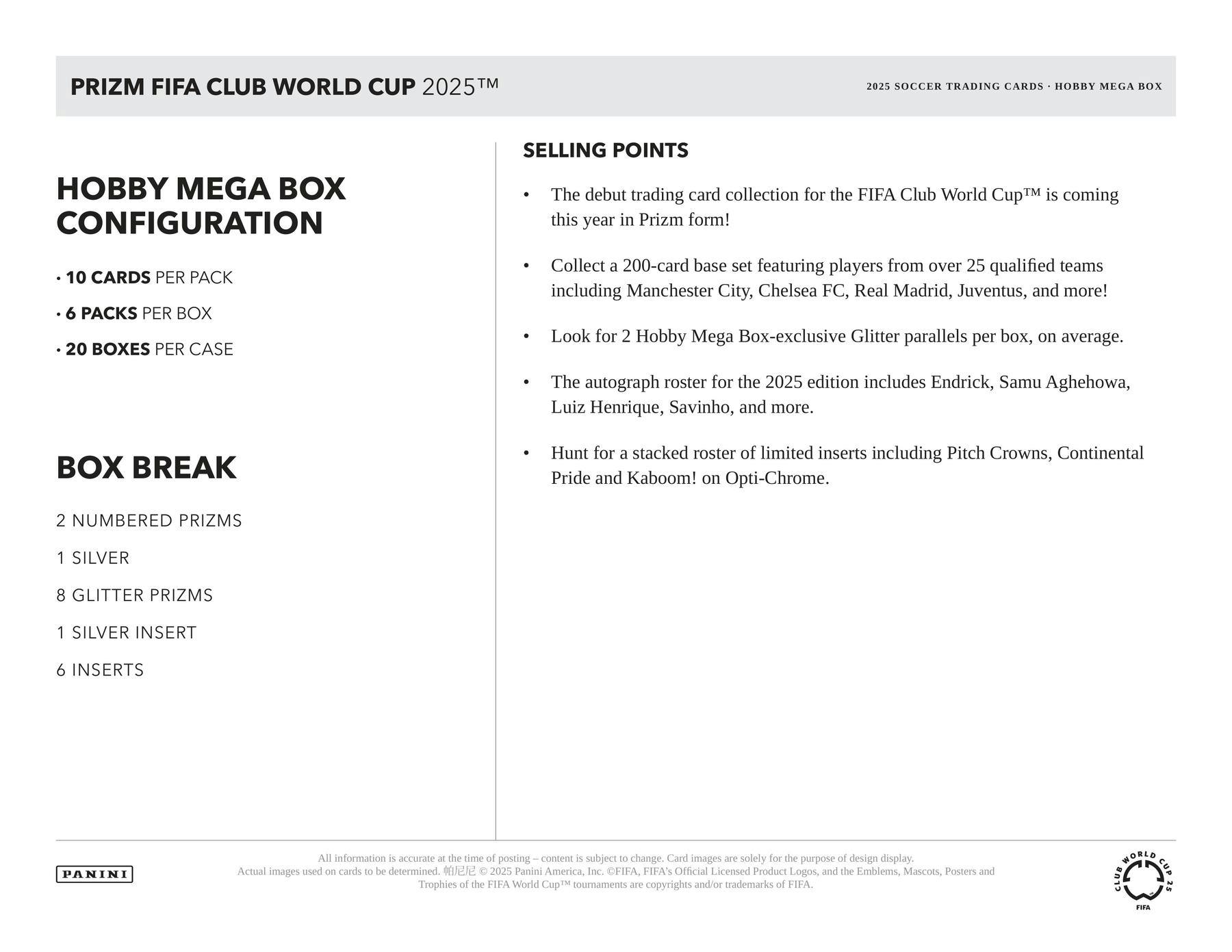 2025 Panini Prizm FIFA Club World Cup Soccer Hobby Mega Box - Soccer