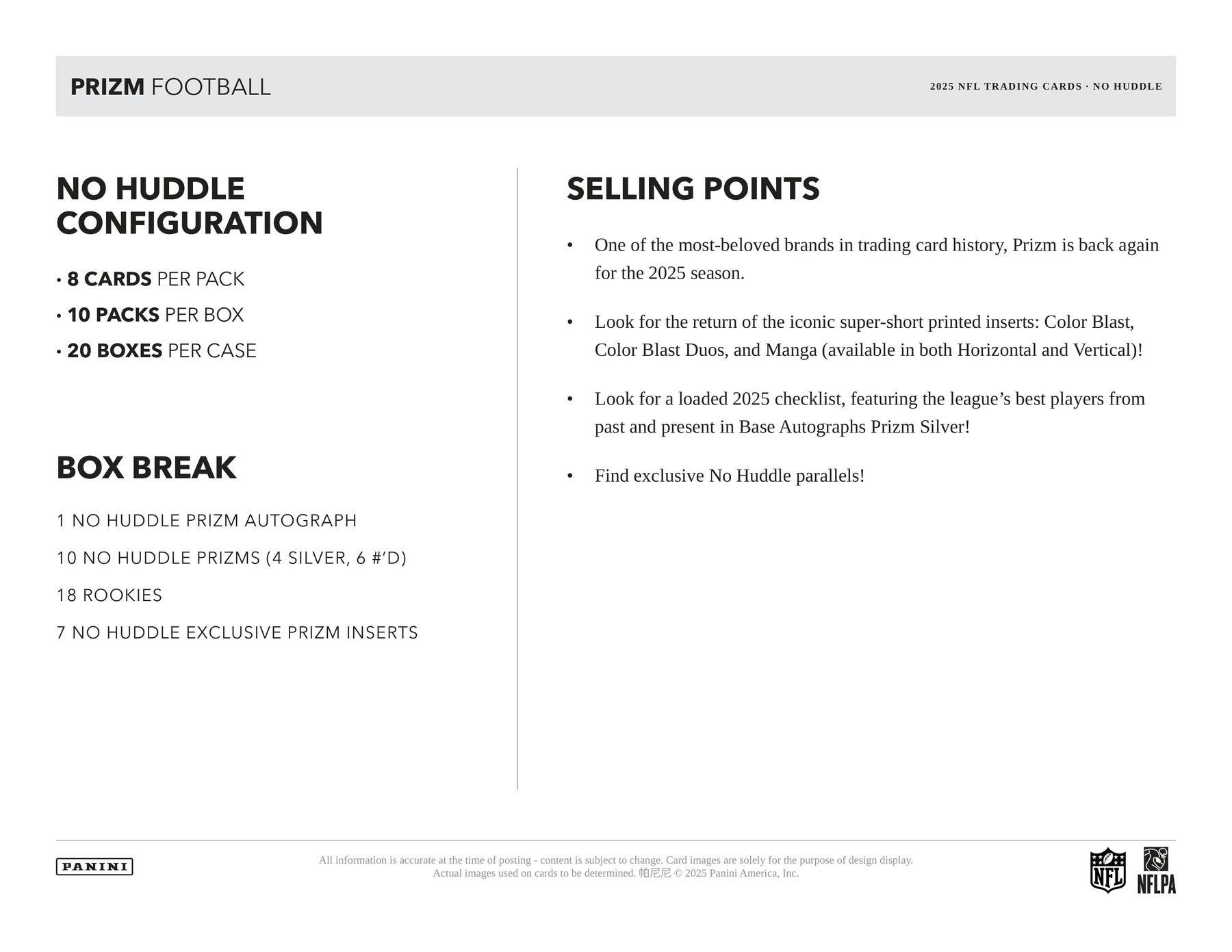 2025 Panini Prizm Football No Huddle Box (1 Auto / 4 Silver / 18 RCs) - NFL Hobby Box