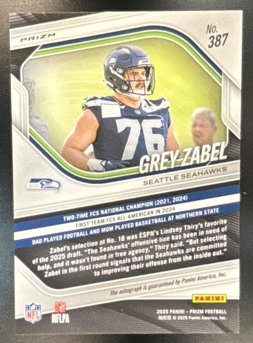 2025 Panini Prizm Grey Zabel Rookie Auto Silver #387 RC Seattle Seahawks - Sports Cards