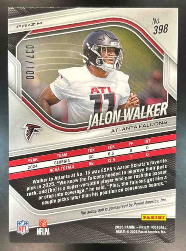 2025 Panini Prizm Jalon Walker Rookie Choice Auto /100 #398 RC Atlanta Falcons - Sports Cards