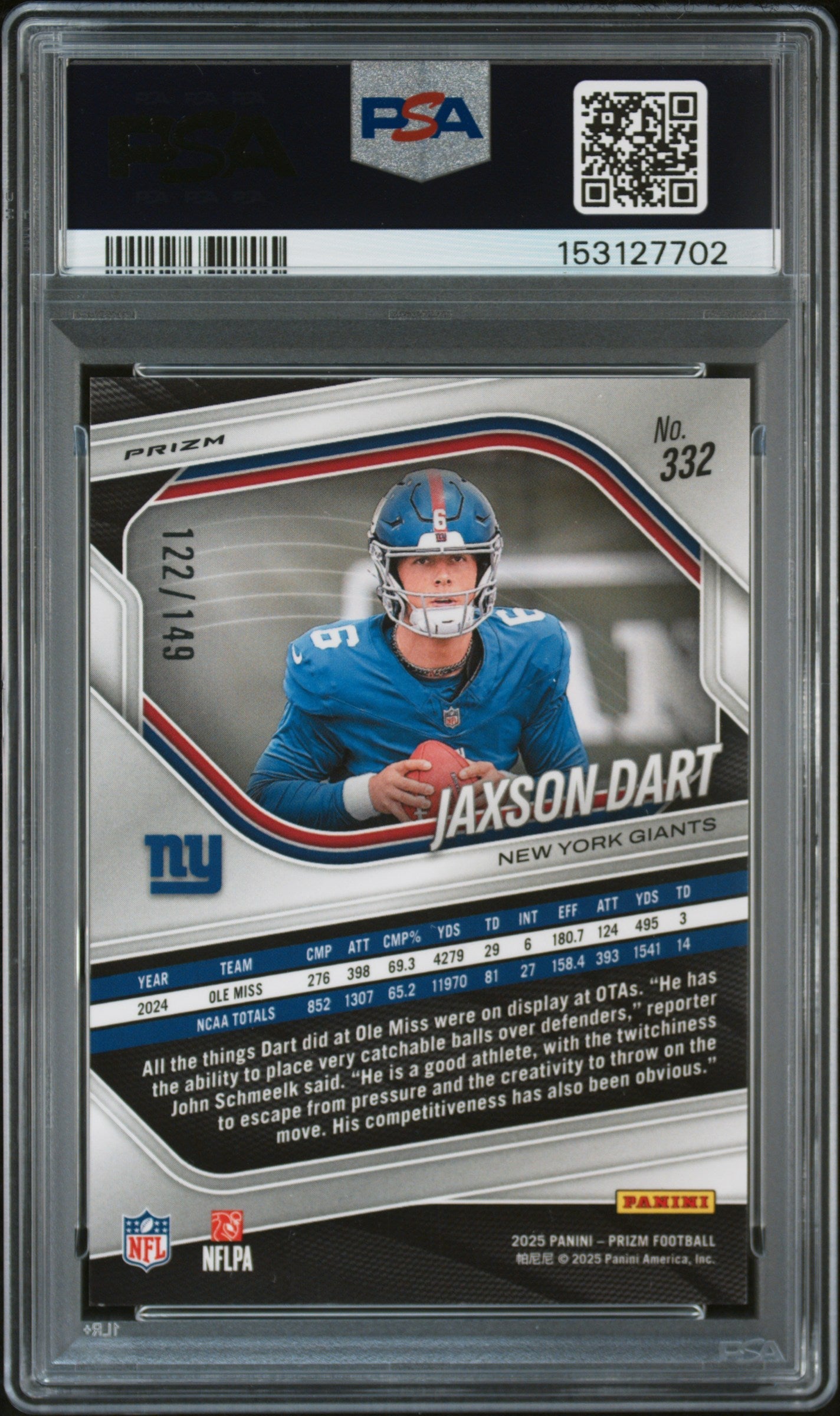 2025 Panini Prizm Jaxson Dart Red Wave Rookie 122/149 #332 PSA 9 MINT - Graded Sports Cards