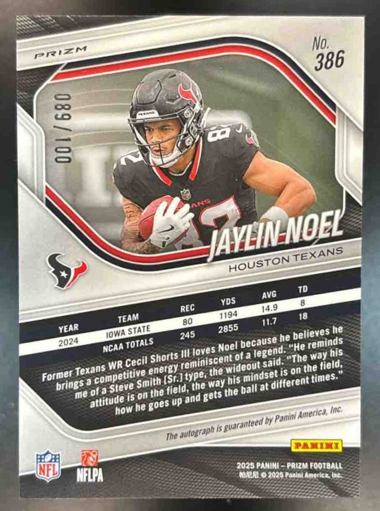 2025 Panini Prizm Jaylin Noel Rookie Choice Auto /100 #386 RC Houston Texans - Sports Cards