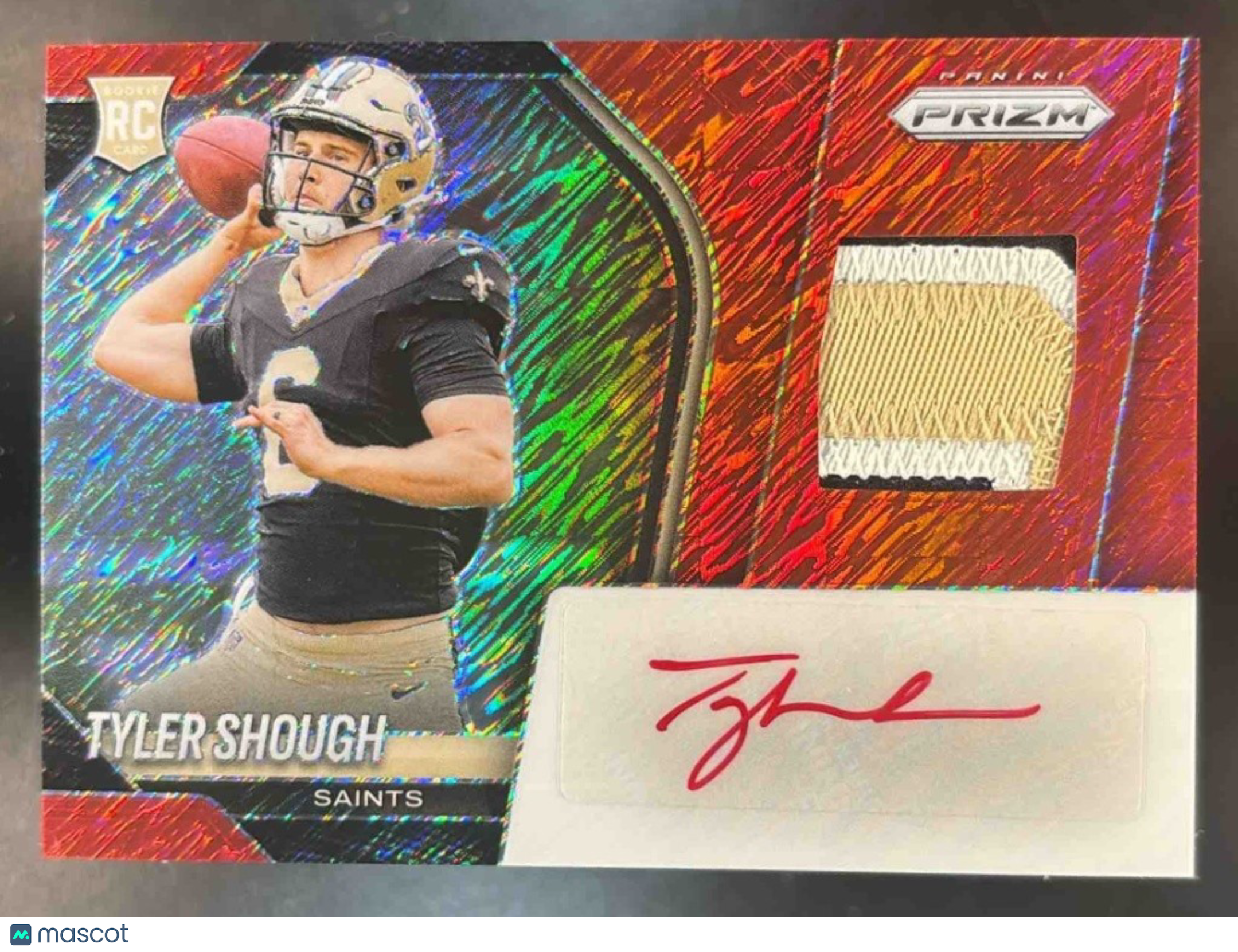 2025 Panini Prizm Tyler Shough Patch Auto Red Shimmer /35 MEM RC Saints - Sports Cards