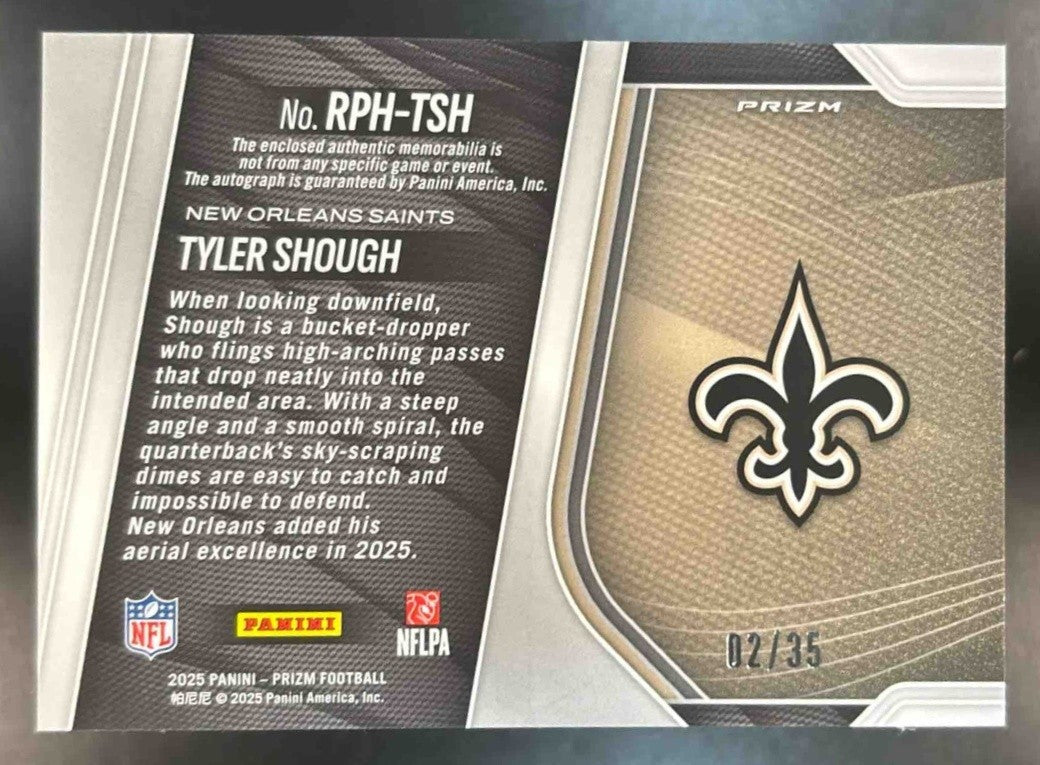 2025 Panini Prizm Tyler Shough Patch Auto Red Shimmer /35 MEM RC Saints - Sports Cards