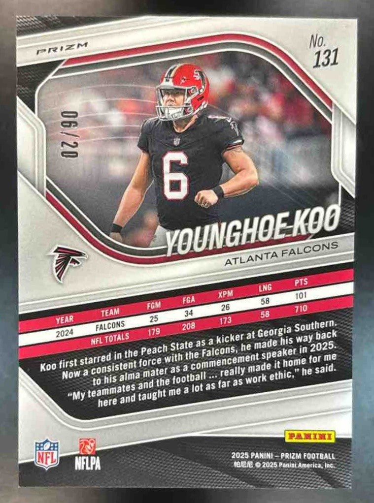 2025 Panini Prizm Younghoe Koo Choice Red /20 #131 Atlanta Falcons - Sports Cards