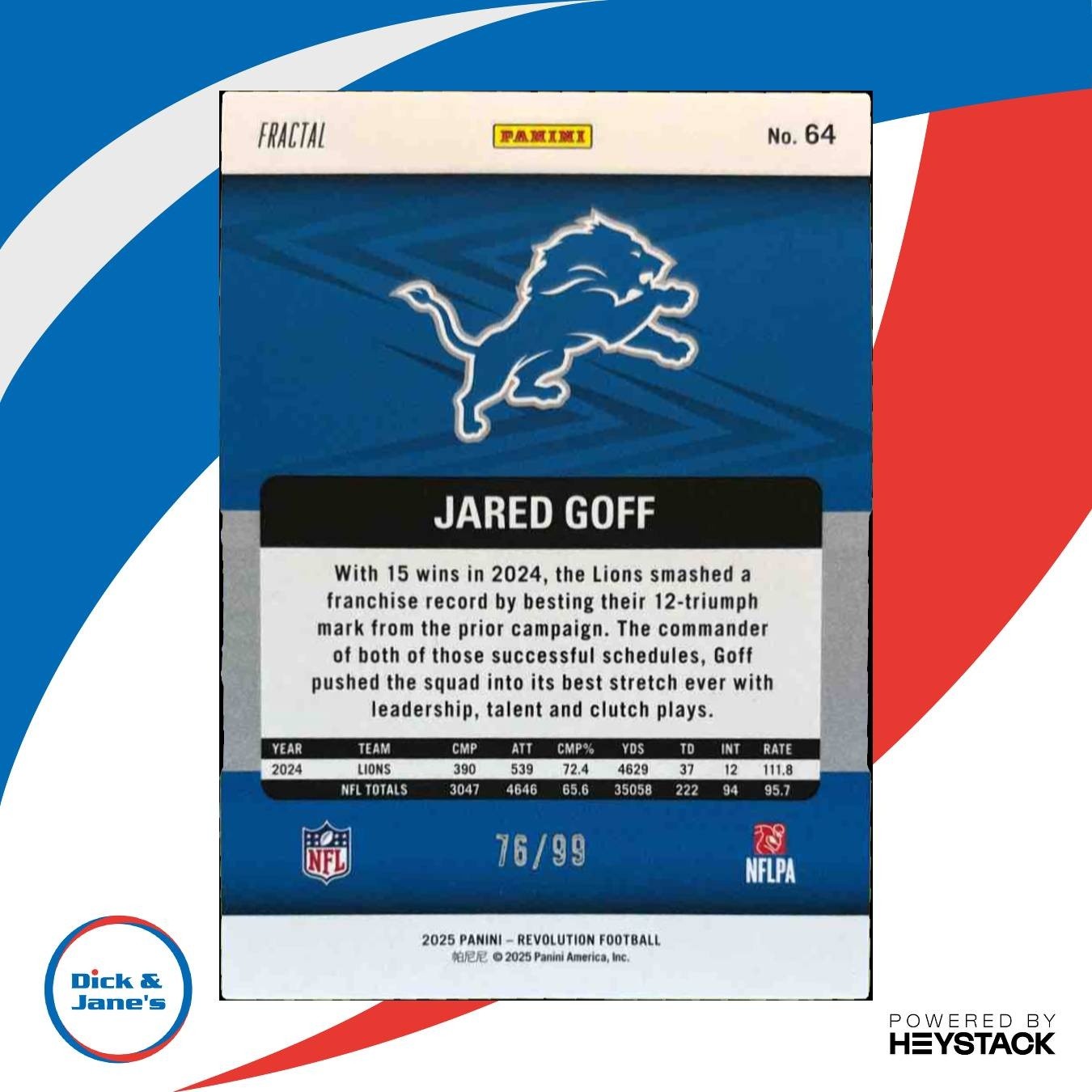 2025 Panini Revolution Jared Goff Fractal 76/99 #64 Detroit Lions - Sports Cards
