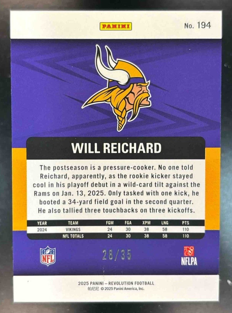 2025 Panini Revolution Will Reichard Holo Red /35 #194 Minnesota Vikings - Sports Cards